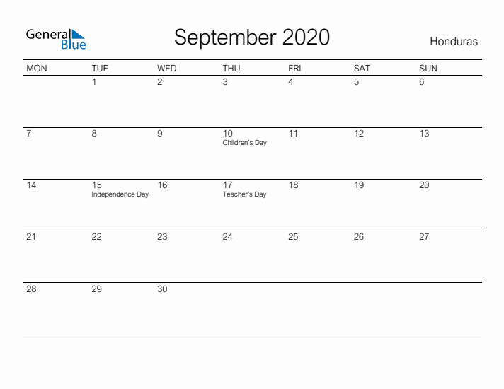 Printable September 2020 Calendar for Honduras