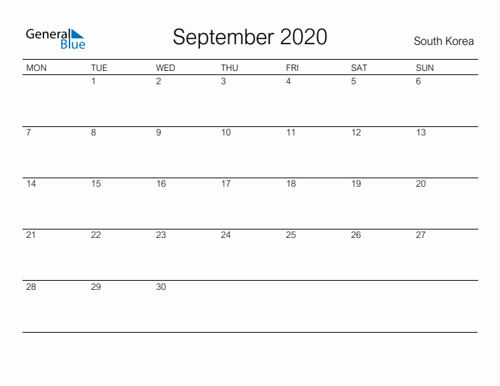 Printable September 2020 Calendar for South Korea