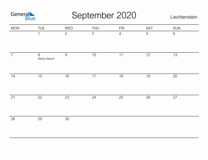 Printable September 2020 Calendar for Liechtenstein
