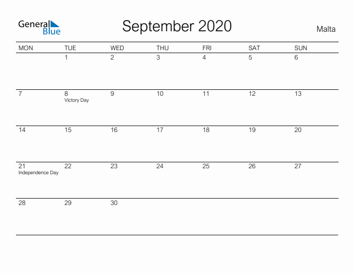 Printable September 2020 Calendar for Malta