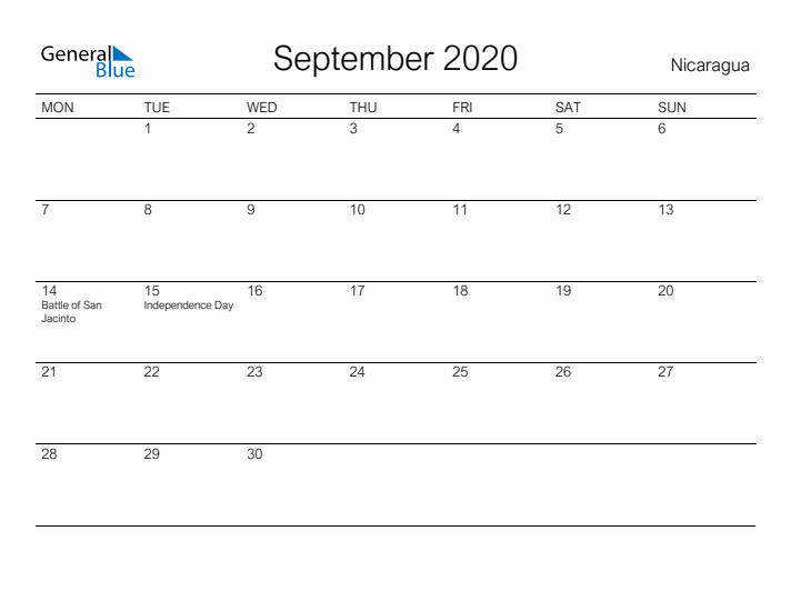 Printable September 2020 Calendar for Nicaragua