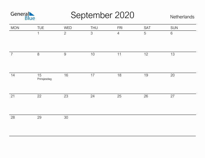 Printable September 2020 Calendar for The Netherlands