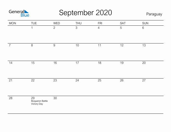 Printable September 2020 Calendar for Paraguay