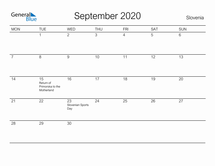 Printable September 2020 Calendar for Slovenia