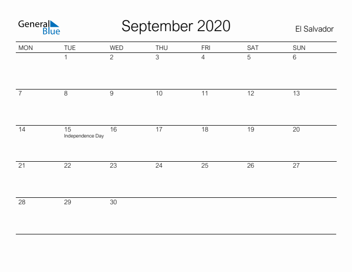 Printable September 2020 Calendar for El Salvador