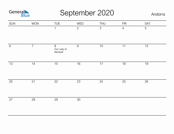 Printable September 2020 Calendar for Andorra