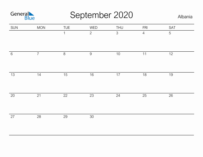 Printable September 2020 Calendar for Albania