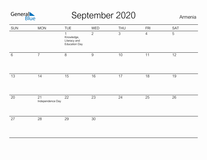 Printable September 2020 Calendar for Armenia
