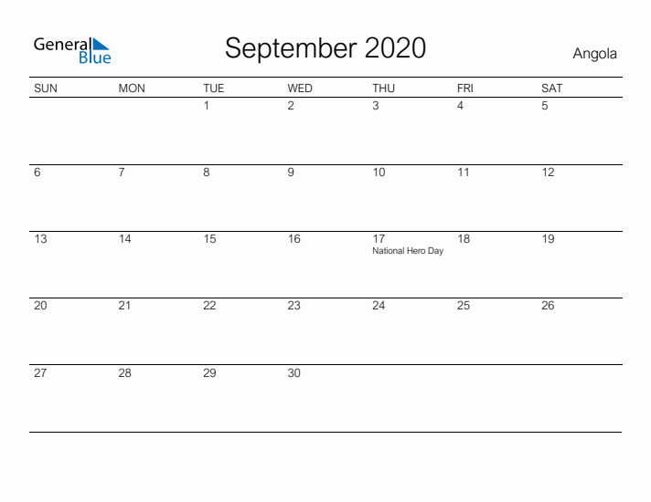 Printable September 2020 Calendar for Angola