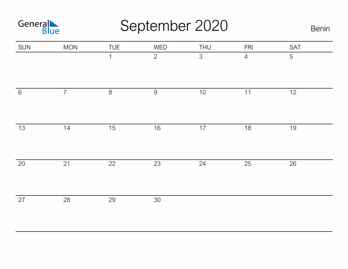 Printable September 2020 Calendar for Benin