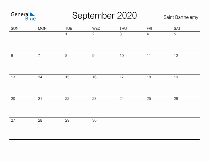 Printable September 2020 Calendar for Saint Barthelemy