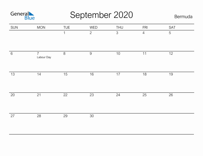 Printable September 2020 Calendar for Bermuda