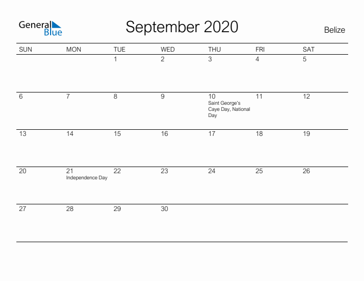 Printable September 2020 Calendar for Belize