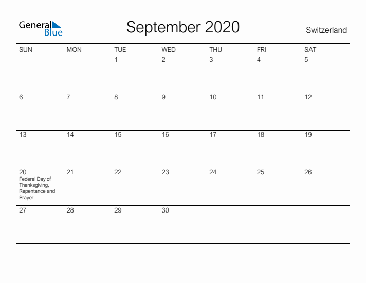 Printable September 2020 Calendar for Switzerland