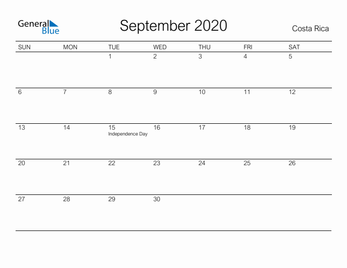 Printable September 2020 Calendar for Costa Rica