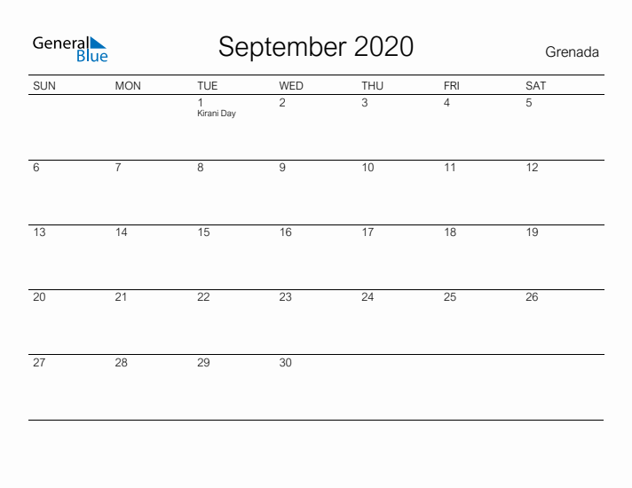 Printable September 2020 Calendar for Grenada