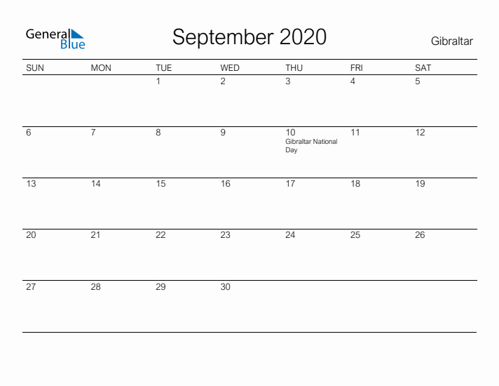 Printable September 2020 Calendar for Gibraltar