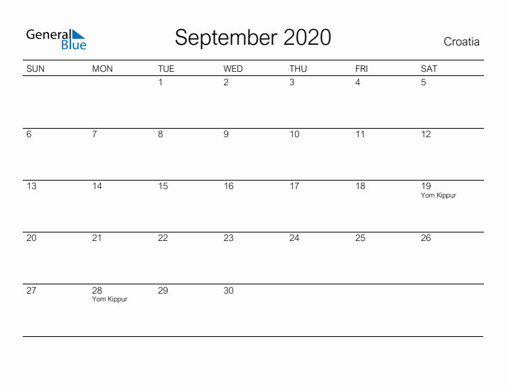 Printable September 2020 Calendar for Croatia