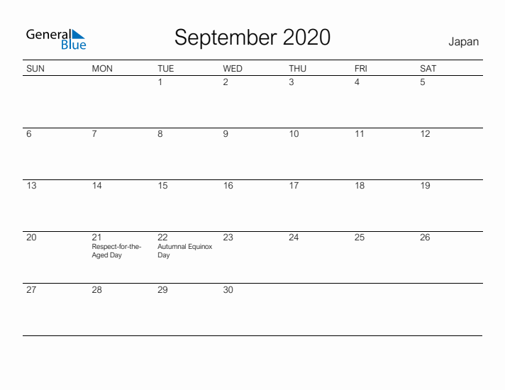 Printable September 2020 Calendar for Japan