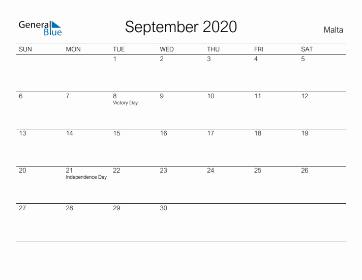 Printable September 2020 Calendar for Malta