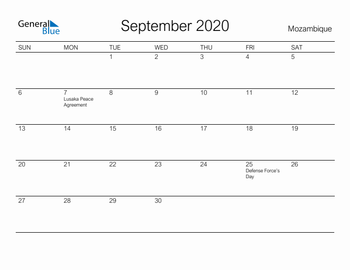 Printable September 2020 Calendar for Mozambique