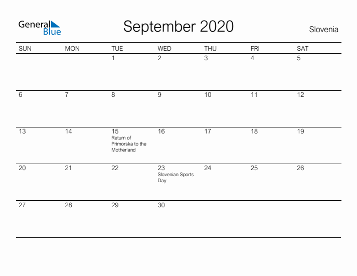 Printable September 2020 Calendar for Slovenia