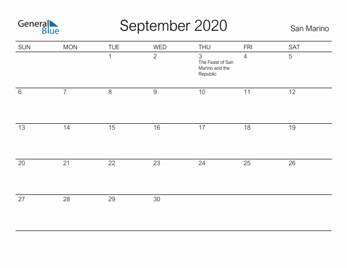 Printable September 2020 Calendar for San Marino