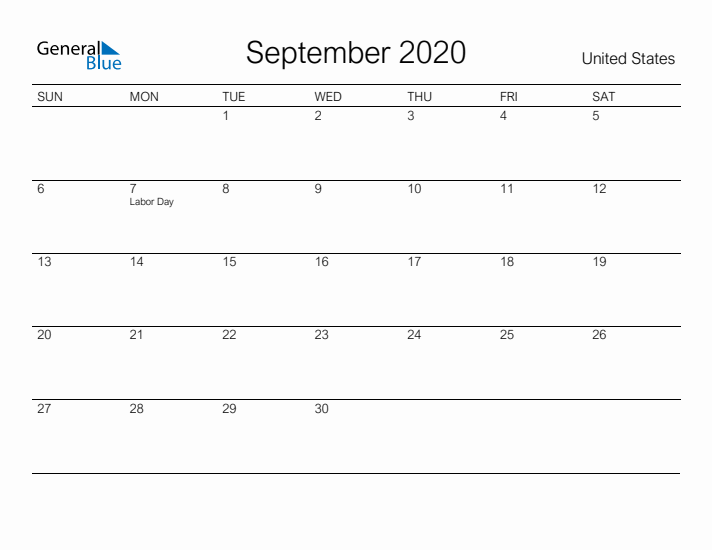 Printable September 2020 Calendar for United States