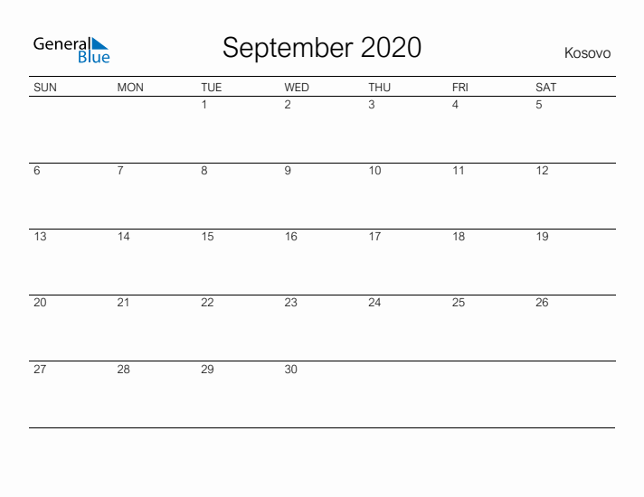 Printable September 2020 Calendar for Kosovo