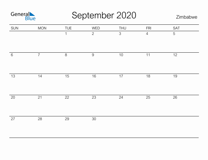 Printable September 2020 Calendar for Zimbabwe