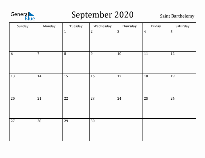 September 2020 Calendar Saint Barthelemy
