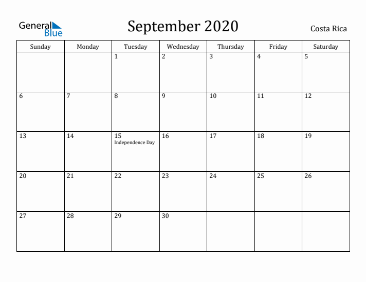 September 2020 Calendar Costa Rica