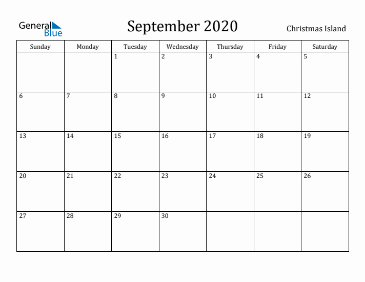 September 2020 Calendar Christmas Island