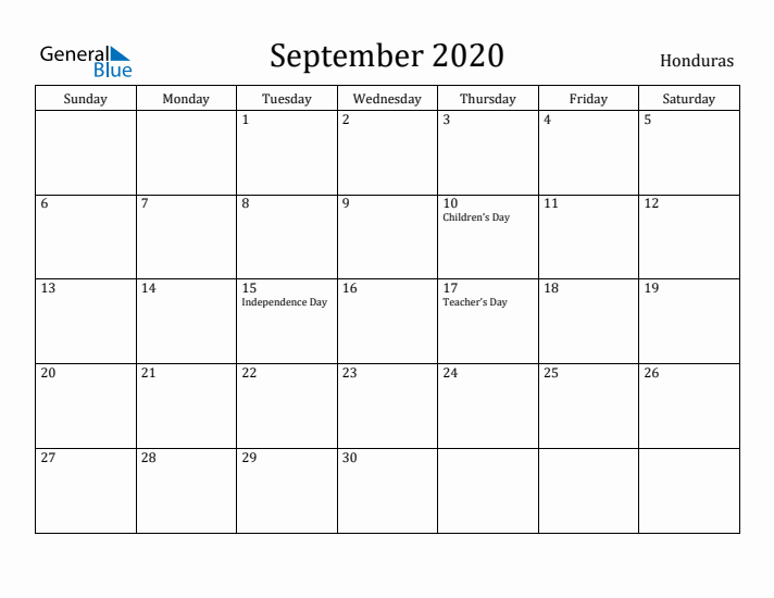September 2020 Calendar Honduras