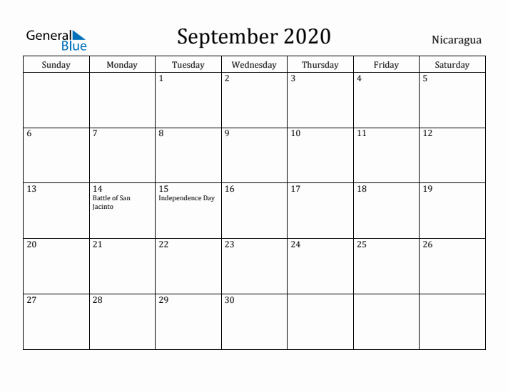 September 2020 Calendar Nicaragua