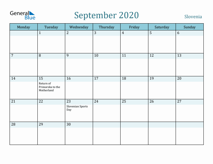 September 2020 Calendar with Holidays