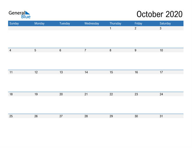  Fillable Calendar for October 2020