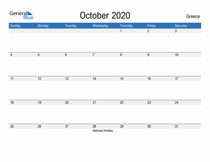 October 2020 Monthly Calendar With Greece Holidays