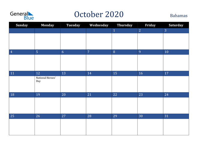 October 2020 Bahamas Calendar