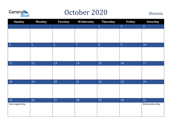 October 2020 Slovenia Calendar