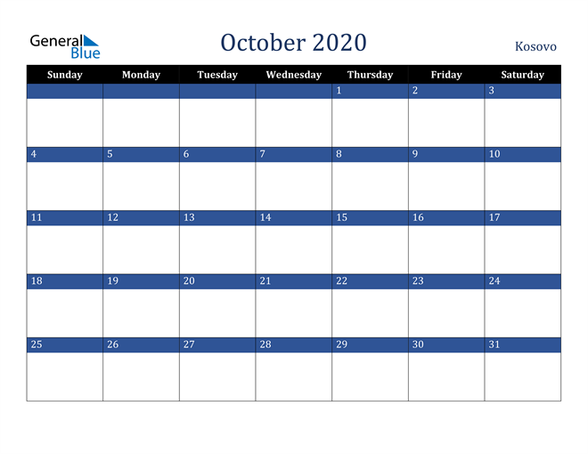 October 2020 Kosovo Calendar
