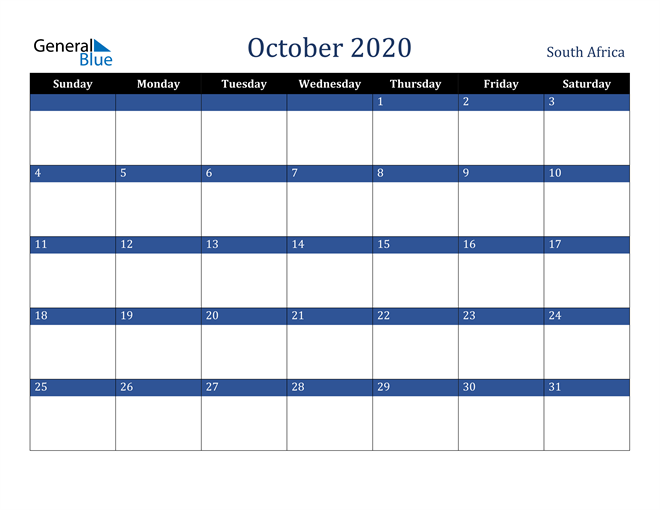October 2020 South Africa Calendar