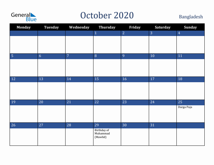 October 2020 Bangladesh Calendar (Monday Start)