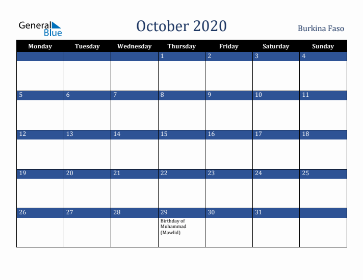 October 2020 Burkina Faso Calendar (Monday Start)