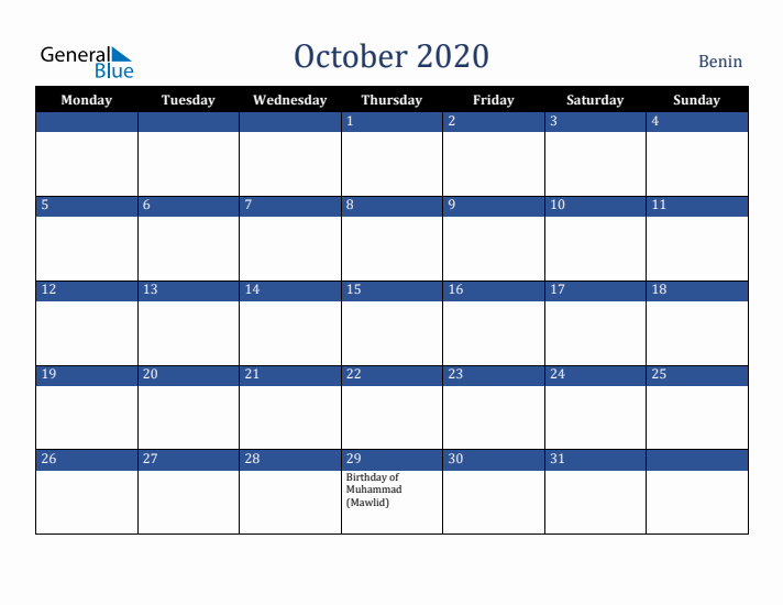 October 2020 Benin Calendar (Monday Start)