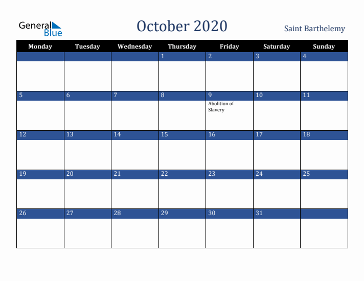 October 2020 Saint Barthelemy Calendar (Monday Start)