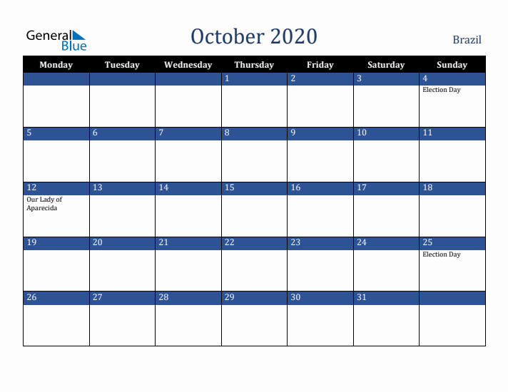 October 2020 Brazil Calendar (Monday Start)