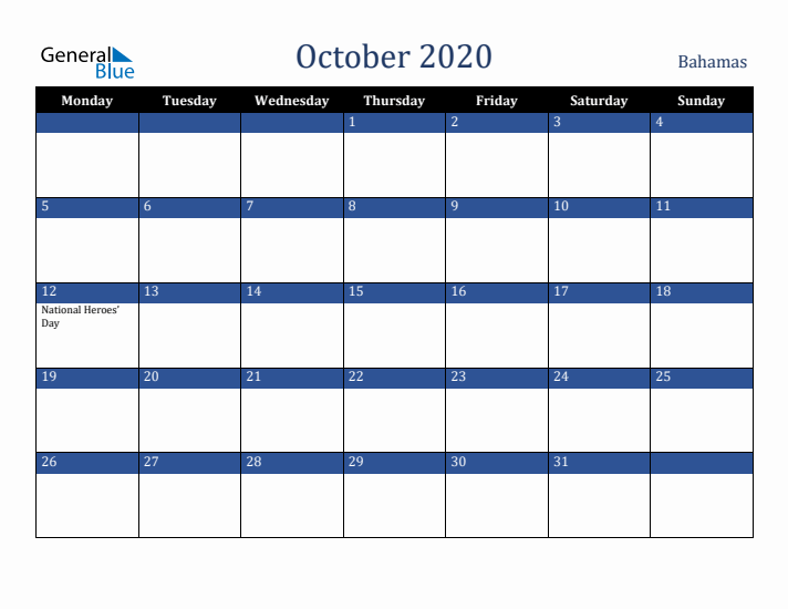 October 2020 Bahamas Calendar (Monday Start)