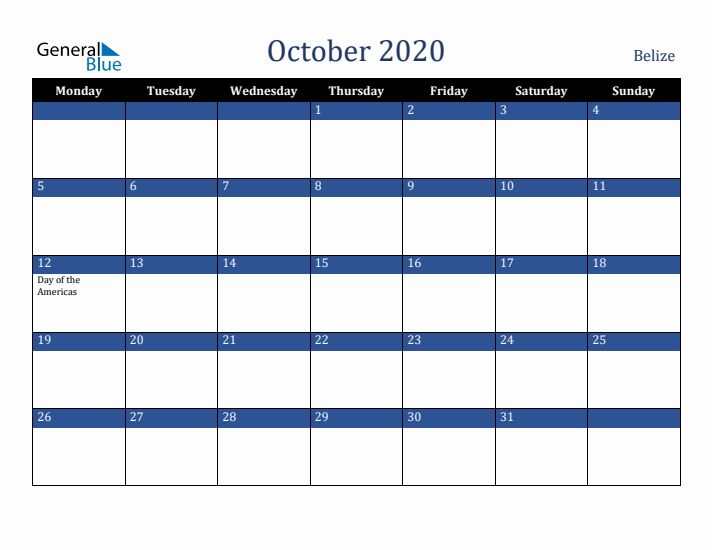 October 2020 Belize Calendar (Monday Start)
