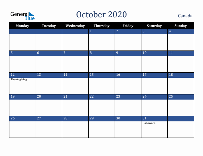 October 2020 Canada Calendar (Monday Start)